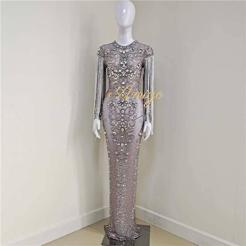 

A3792 long sleeve maxi transparent hand work diamond blingbling dress