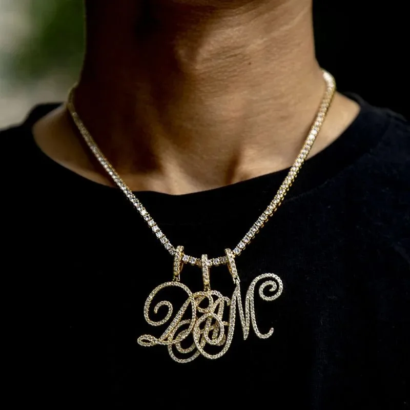 

Hip Hop A-Z Cursive Letters CZ Custom Name Letters Necklaces for Men Iced Out Cursive Initial Letter Pendant Tennis Chain, Gold sliver color
