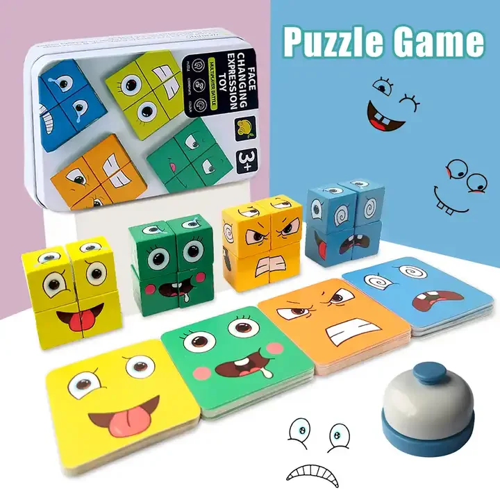 

Wholesale 3-6 Years children Montessori toys Kids 3D Expression Puzzle Wooden Face-Changing Cube Game with Color Box Toys