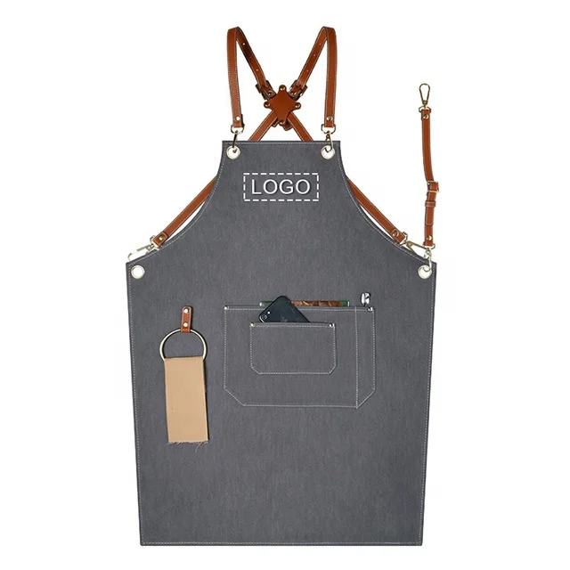 

SunYue Quality Grey Color Denim Salon Barber Apron with PU Leather Adjustable Straps, Can be customized