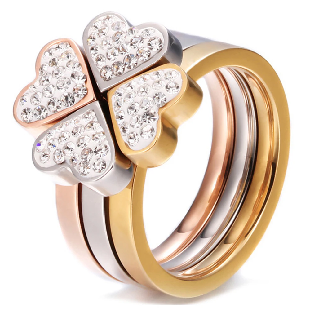 

Stainless Steel Flower Heart CZ Crystal Rings Womens 18K Gold Ring Set 3 In 1 Engarment Rings