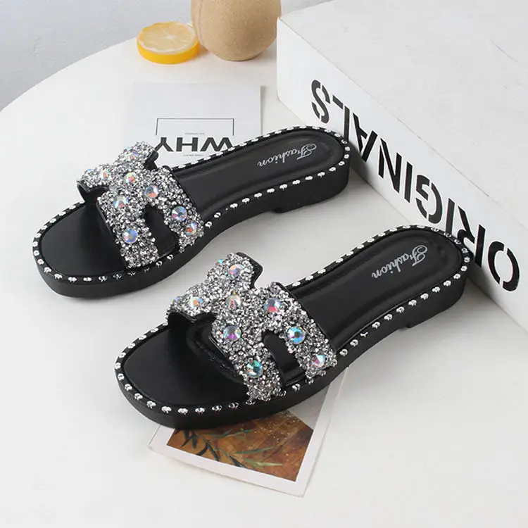 

Soulmate New arrival summer rhinestone flat sandals lady casual g slides for women slippers pearl designer slides slipper