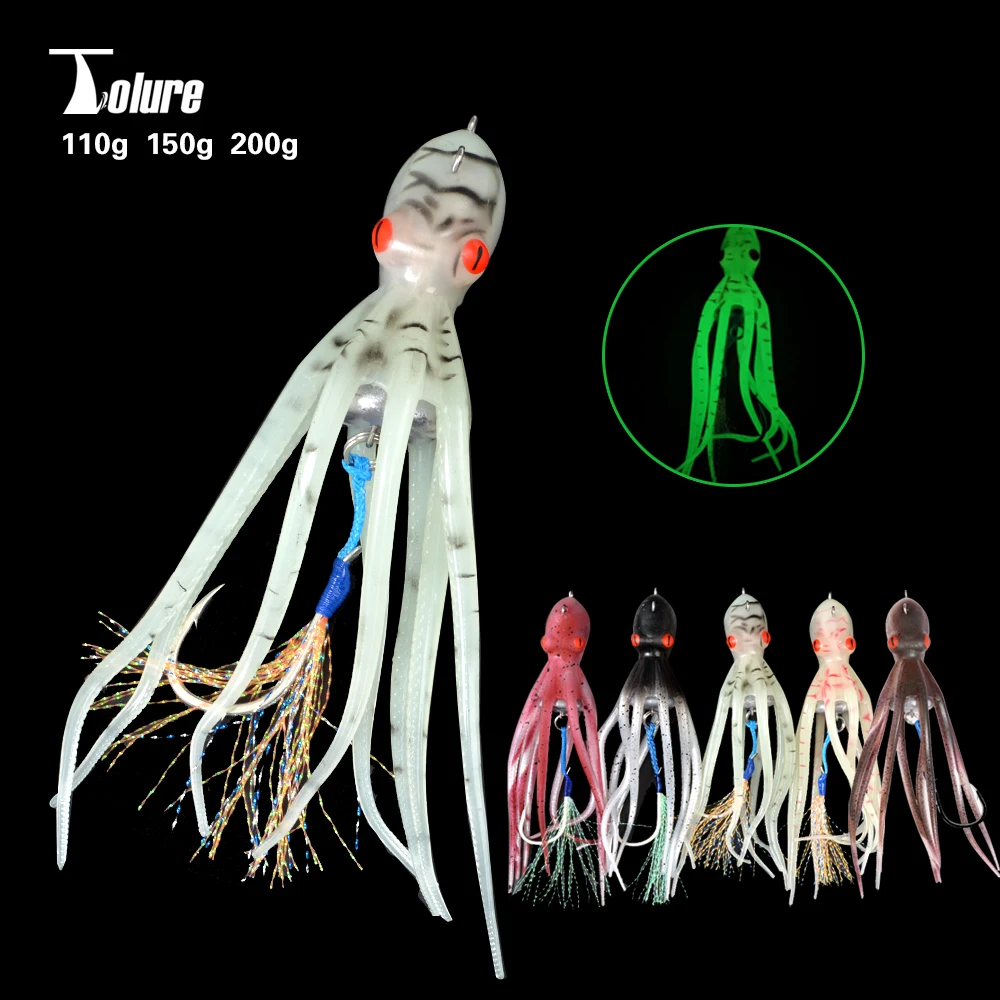 

Toplure 110g 150g 200g Luminous Octopus Metal Head Slow Pitch Jigging Lures Jig Squid Lure With Assist Hook