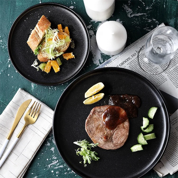 

European Style Luxury Restaurant Matte Black Round Ceramic Dinner Plates