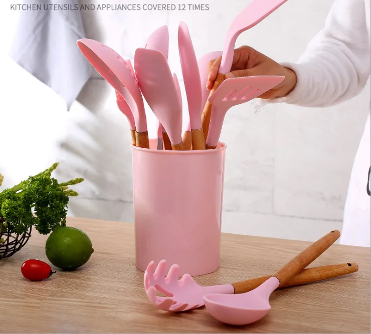 

LOVE'N 12PCS Non-stick Wooden Handle silicon Shovel Kitchen accessories Cooking Utensils Silicone Cook Tool Set With Storage