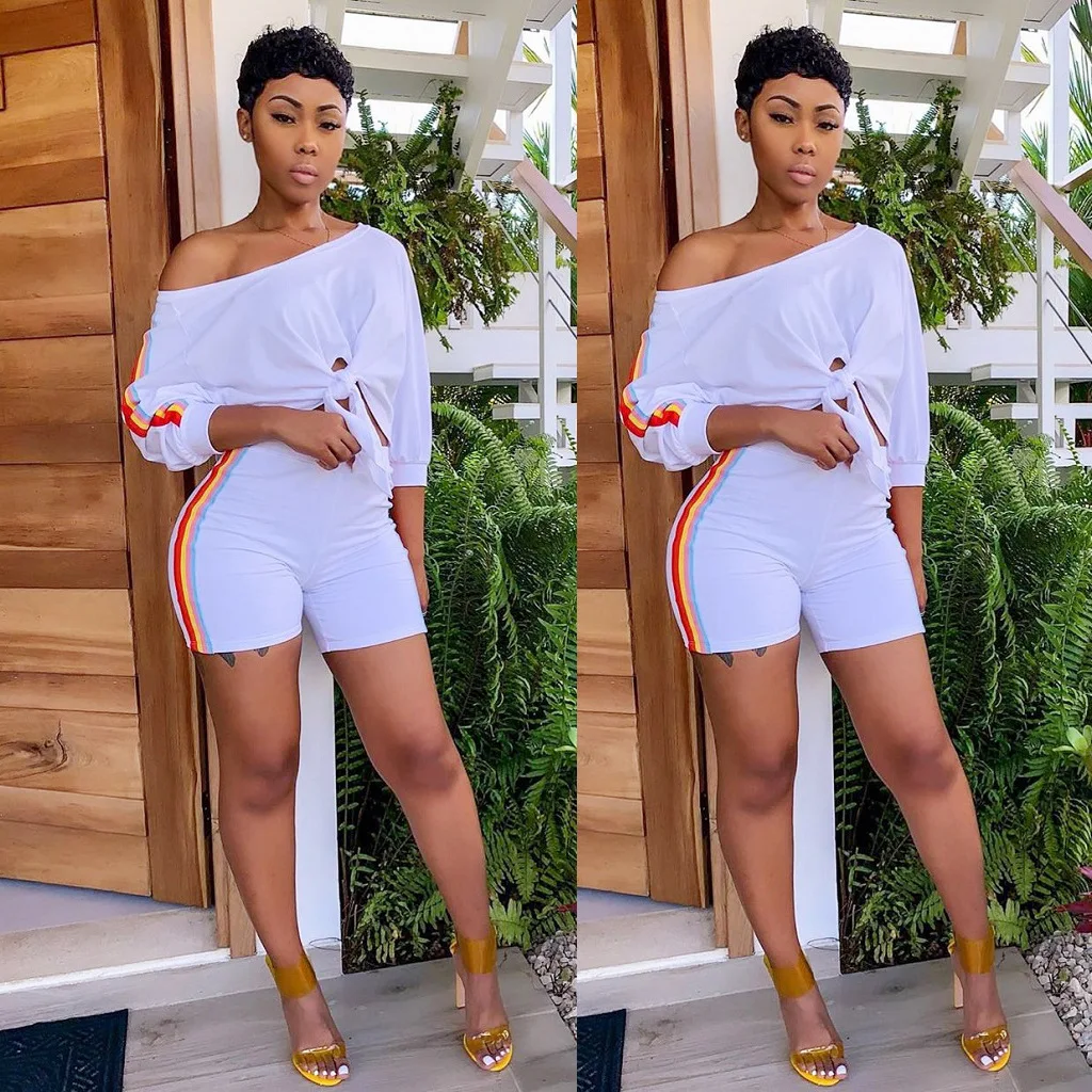 

2020 women clothing off shoulder crop top with shorts tracksuit two piece outfit sports 2 piece short set