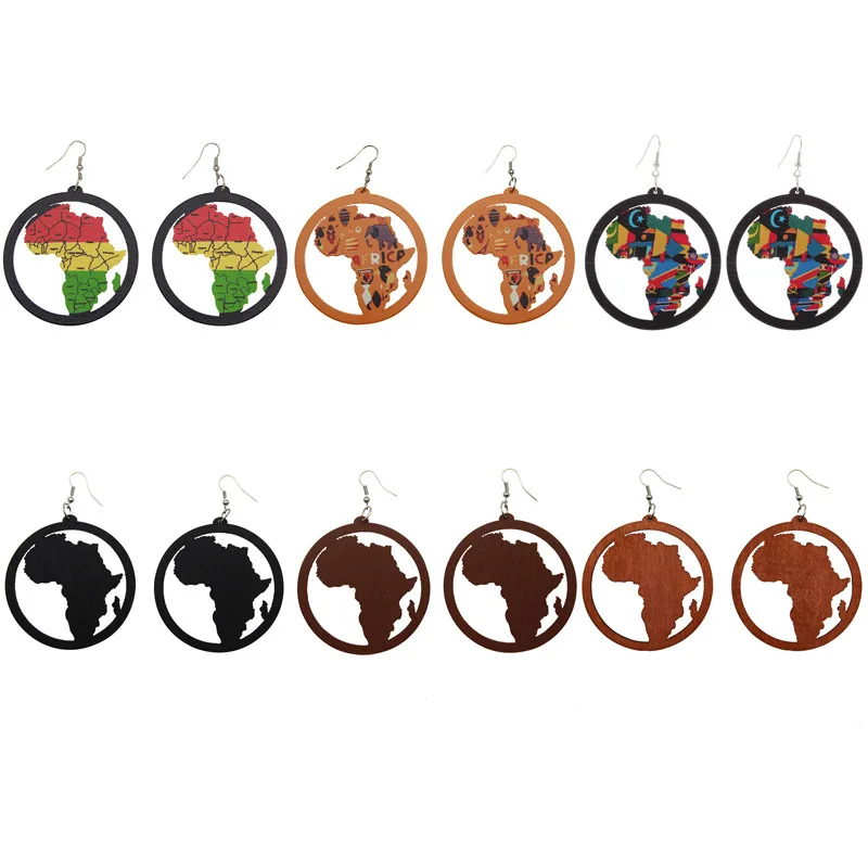 

Fashion Afican Map Print Round Earrings Wooden Jewelry Tropical Colorful Cut Ethnic Wood Earrings, Picture shows