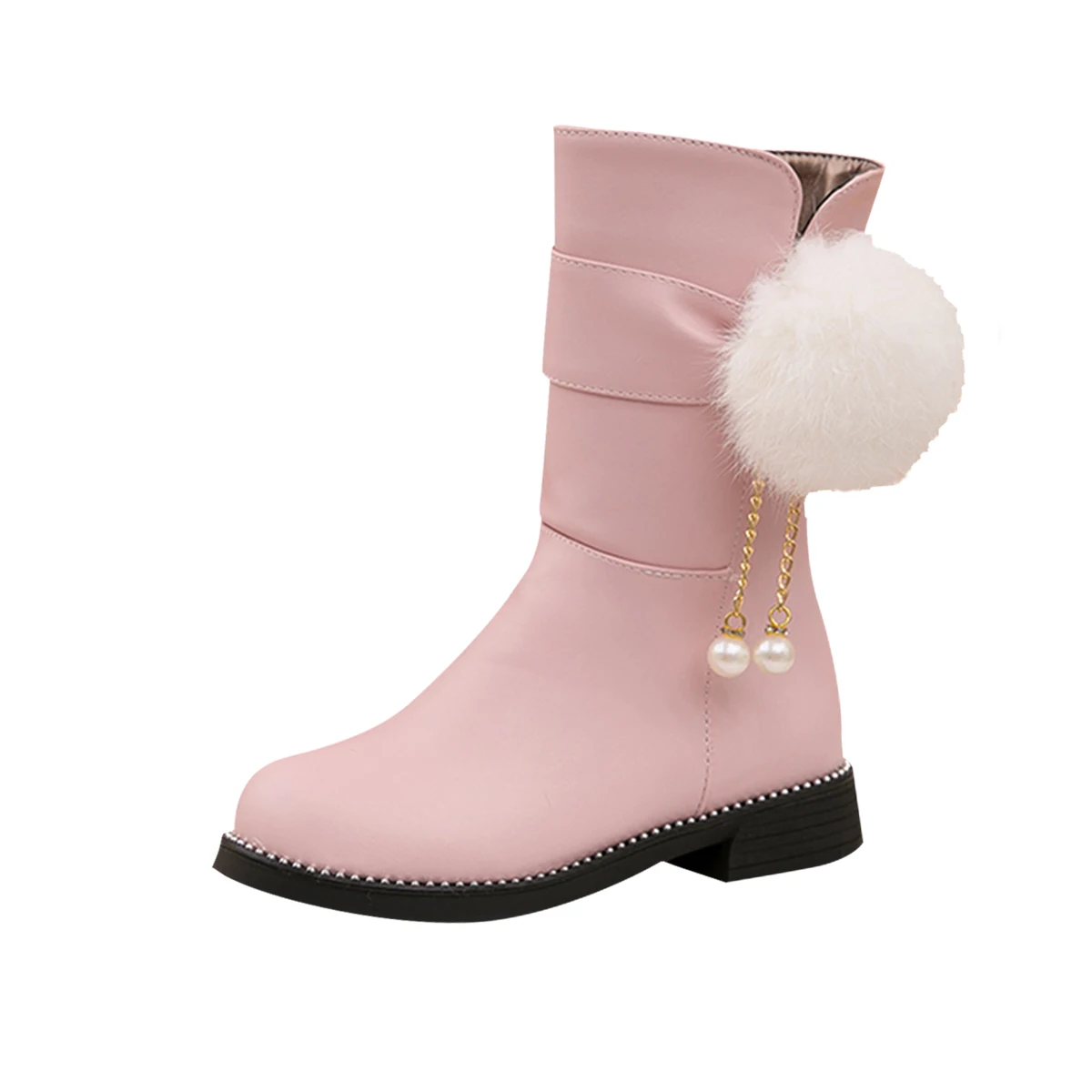 

Winter Snowfield Lovely Pink Pom-poms Boots Children's Mid-Calf Boots for Girls, Black/white/pink