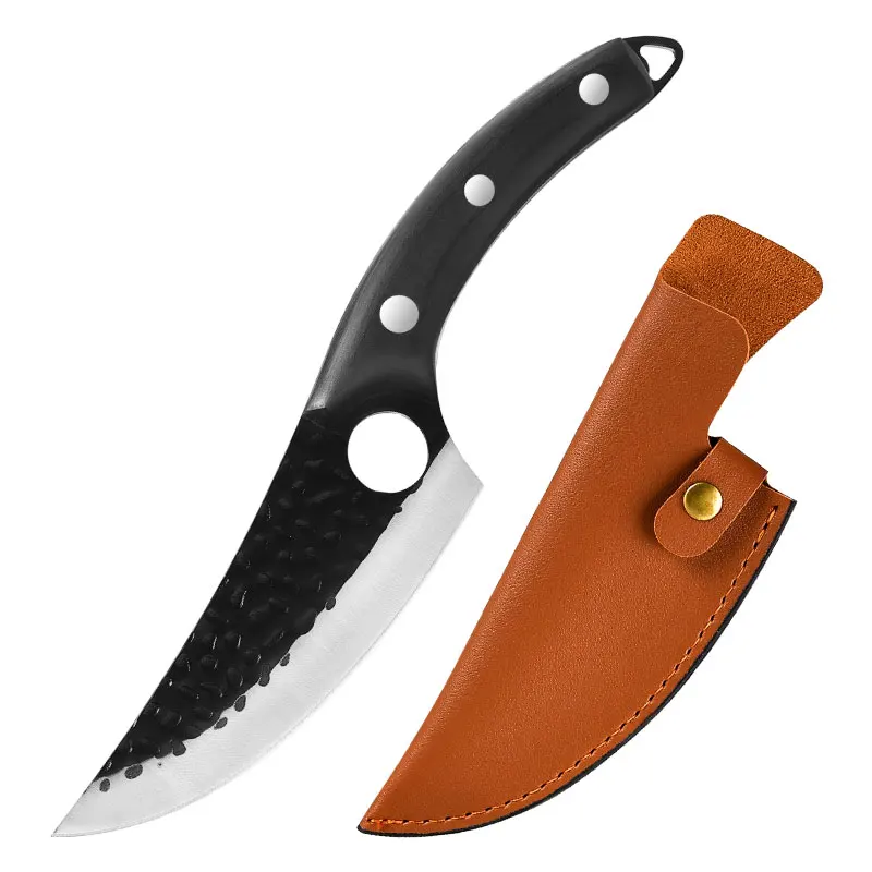 

Stylish Outdoor hammered Pattern Boning Kitchen Butcher Knife with Leather Sheath