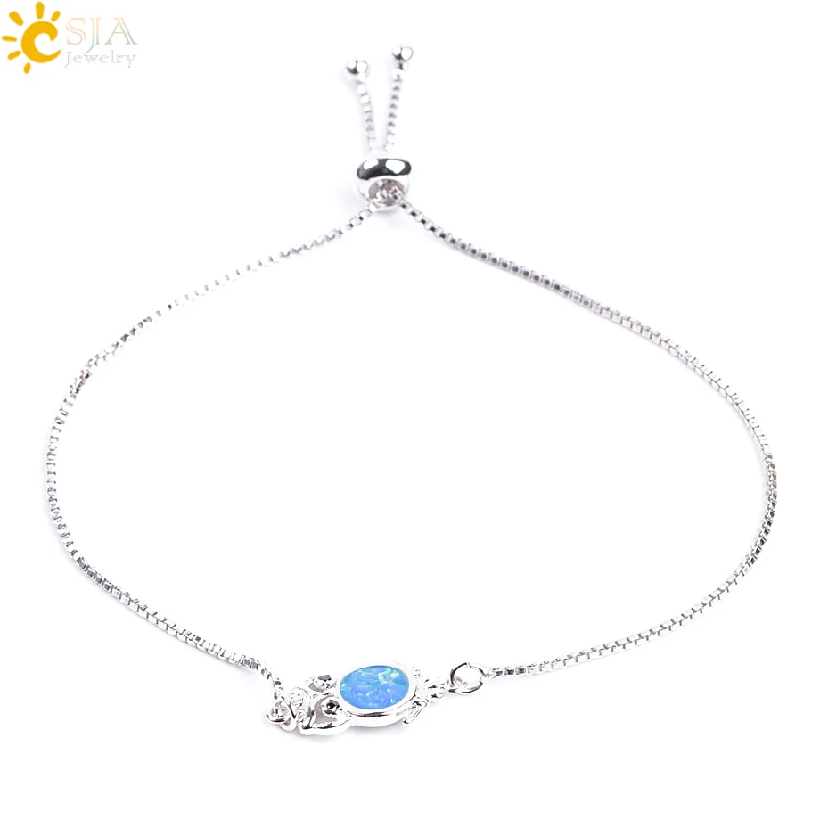 

CSJA adjustable silver-color owl bracelet chain opal blue stone bead charm girls fancy bangles wholesale F067