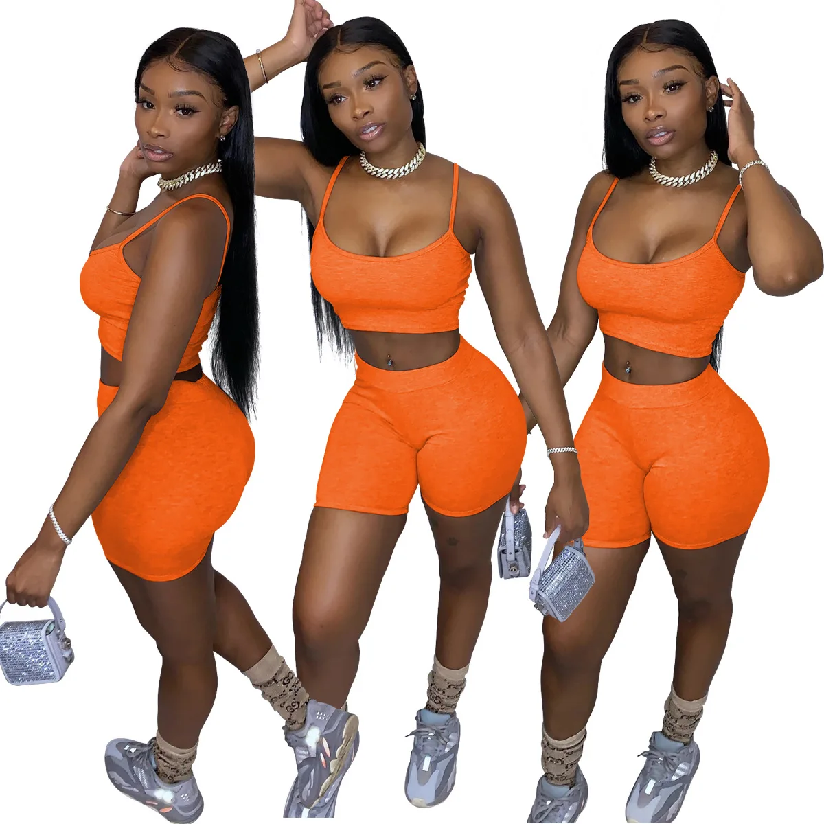 

Casual Two Piece Set Women Clothing Sets Summer Tracksuit Crop Top and Biker Shorts 2 Piece Sets Womens Outfits Ensemble Femme, As show