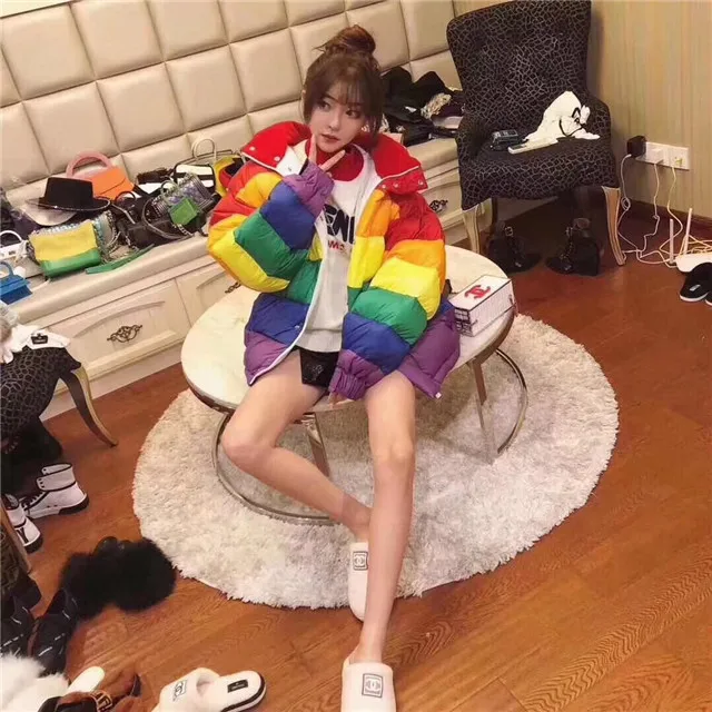 

Winter Down-Jacket Adults Ultralight Rainbow Color Polyester Women Stand Collar Coat