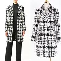

women trench coat Double-breasted plaid blazer jacket formal slim fit Houndstooth Long Tweed Coat office lady workwear Fleece