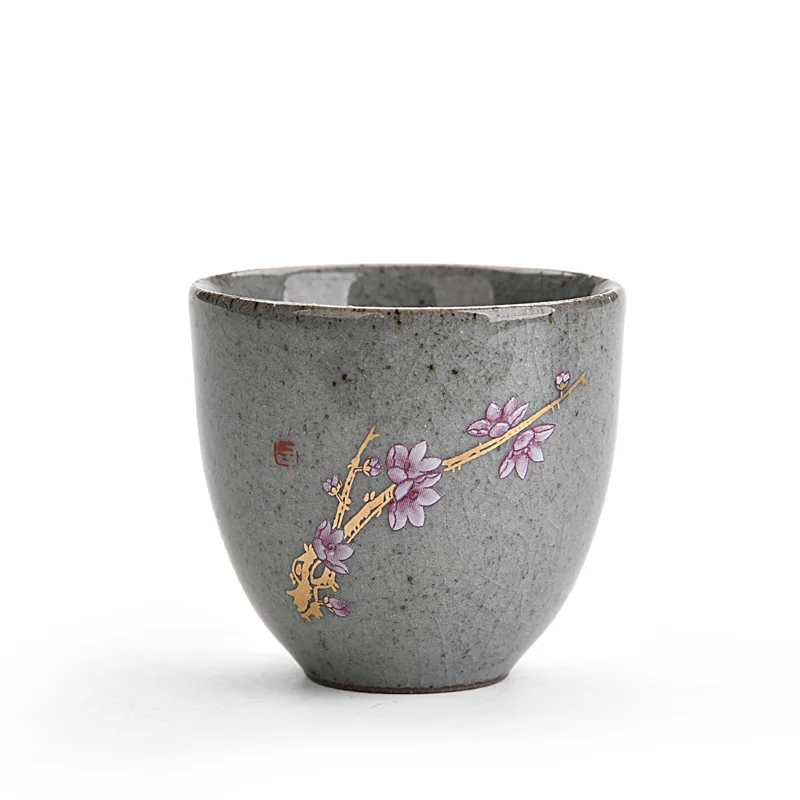 

Small Plum Blossom Bowl Vintage Tea Cup 70ml Japanese Style Retro Master Cup, Gray color,blue color