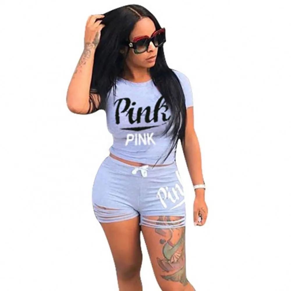 

Women's 2 Piece Outfits Short Sleeve PINK Printed T-Shirt Tops And Bodycon Shorts Tracksuit Set Pink Outfits For Woman