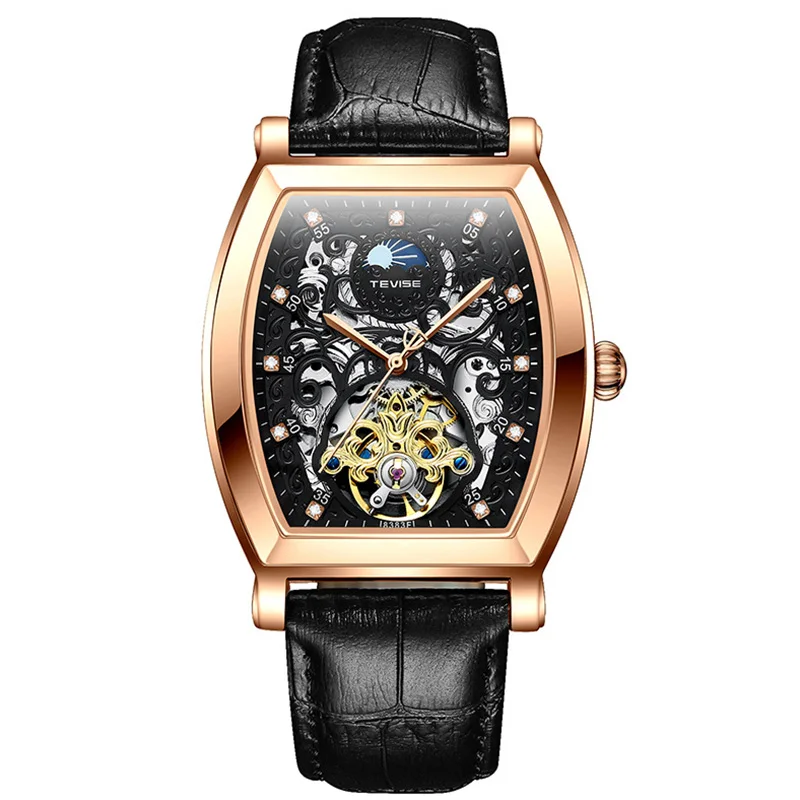 

2021 Men Skeleton Automatic Self Winding Mechanical Watch Leather Band Wristwatches Men Watches, Optional