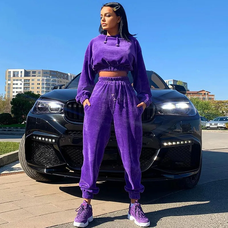 Velvet Suit For Women Velvet Tracksuit Women Velour Sweatsuit Crop Top Pullover Cropped Ladies Velour Tracksuit