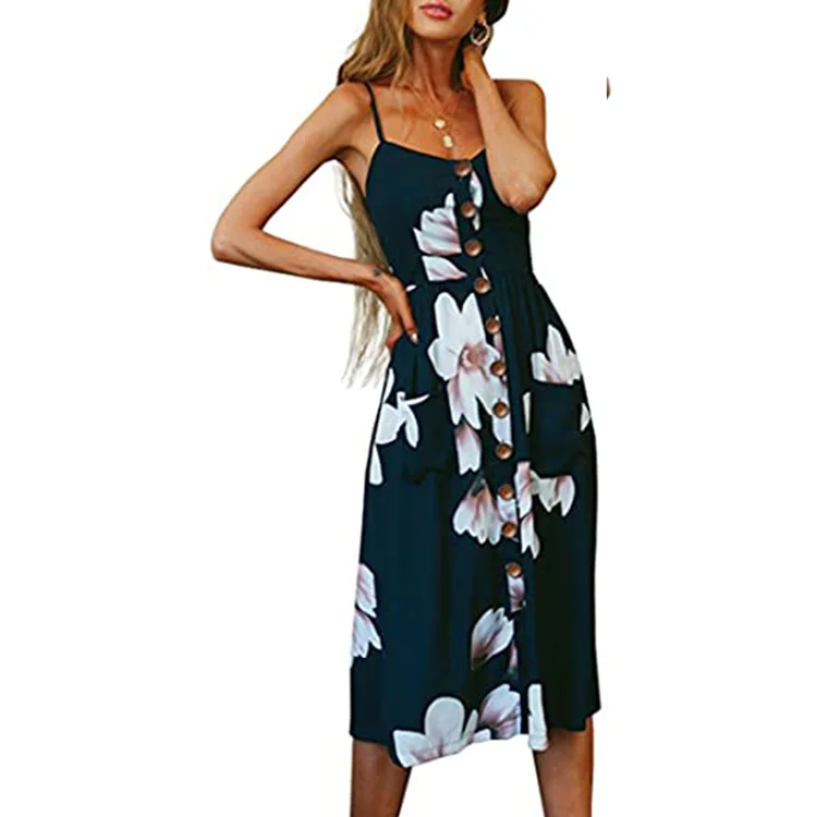 

Summer New Women's Plus Size Dress Summer Floral Bohemian Adjustable Spaghetti Strap Button Swing Midi Dress, Customized color