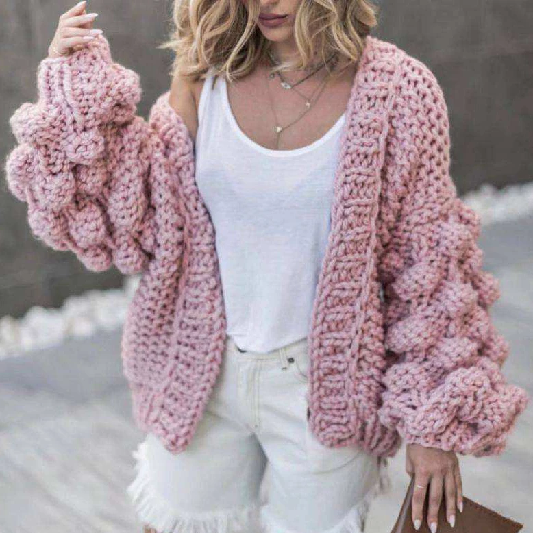 

2022 spring Hand Knitted Crochet Lantern Sleeve cardigan women sweater cardigan Knitted Sweater Cardigan