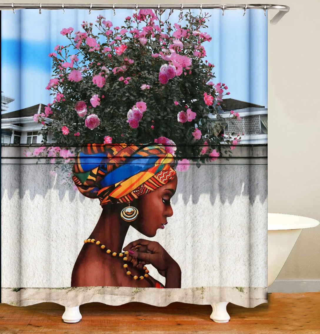 

mildew resistant eco friendly printed black girl shower curtain polyester waterproof 90gsm 120gsm 150gsm shower curtain, As picture show
