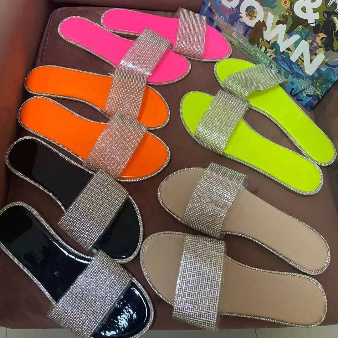 

Wholesale Summer Fashion 2021 Flat Slides Slipper For Women Ladies Luxury Designer Famous Brand Diamond Slippers Sandal Shoes, 6 color options