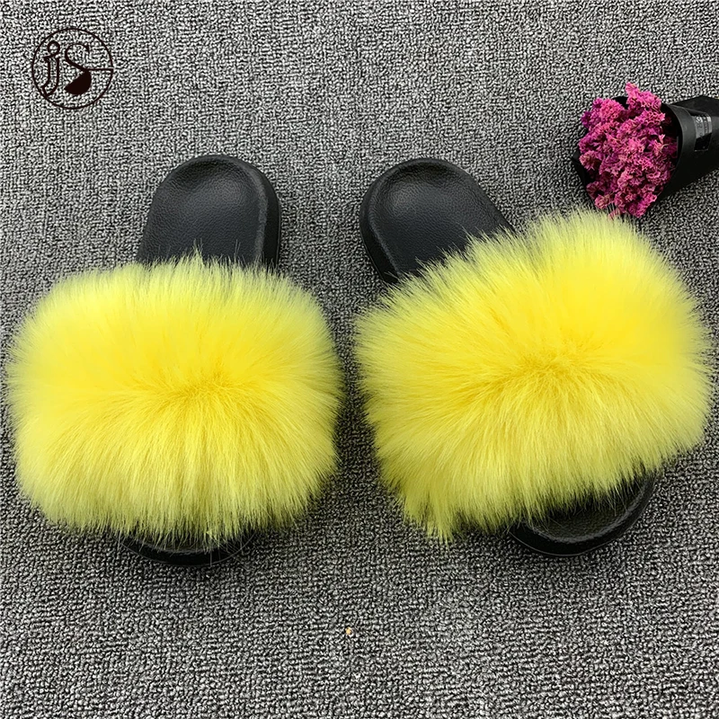 

2021 Colorful faux fox fur slides Soft and comfort women slippers with flat bottom long furry faux fox fur slippers, Picture