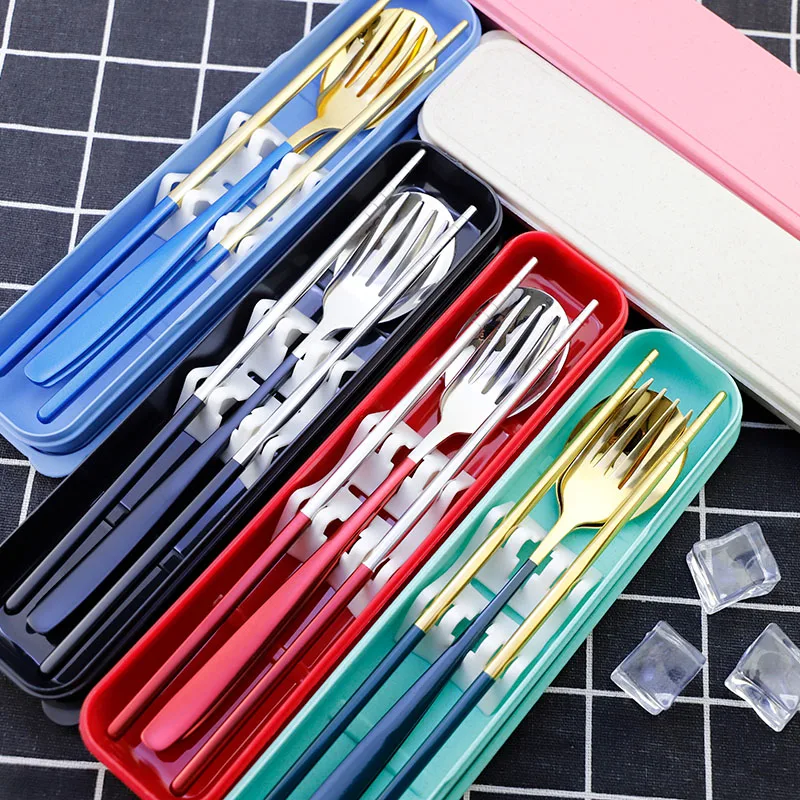 

Korean spray painted 304 stainless steel wheat tableware set tableware gift set chopsticks spoon fork set, Silvery/pink/blue/black/green/custom