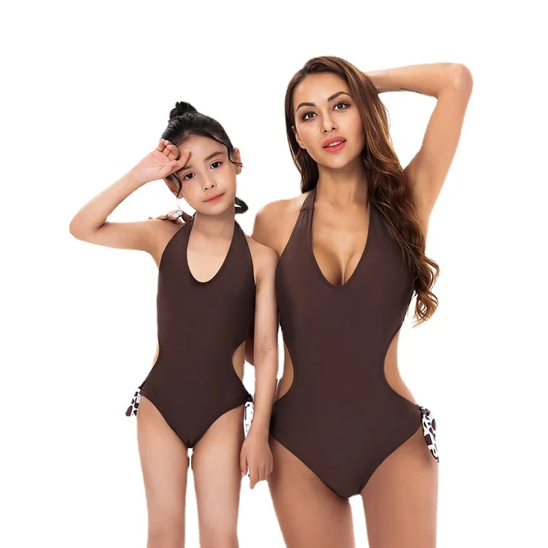 

2022 mommy and me swimwear cut out sexy teen little girls brown one piece swimsuit, Picture showed
