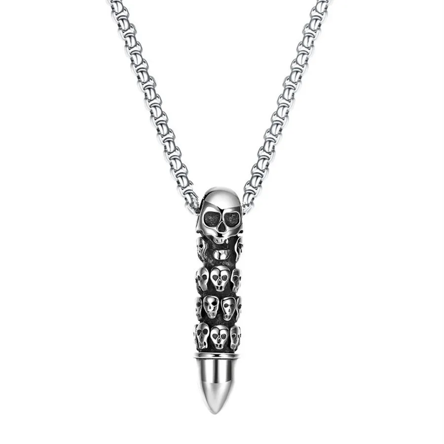 

2022 Domineering Skull Bullet Pendant Fashionable Punk Stainless Steel Necklace Trendy Men