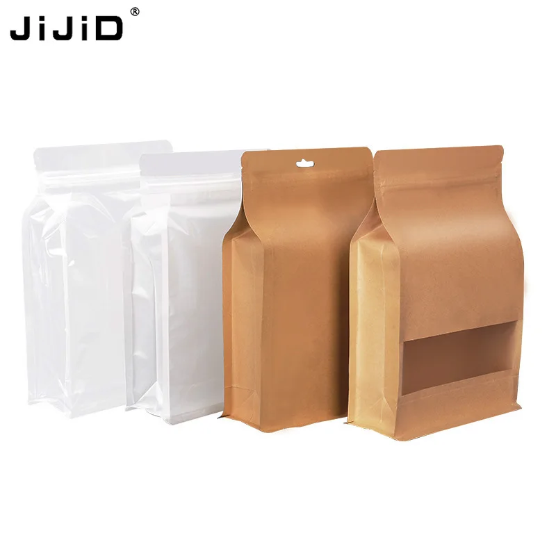 

JIJID Wholesale In Stock Transparent Frosted Flat Bottom Food Storage Pouch Eight Side Sealed Bag Kraft Paper Packaging Bag