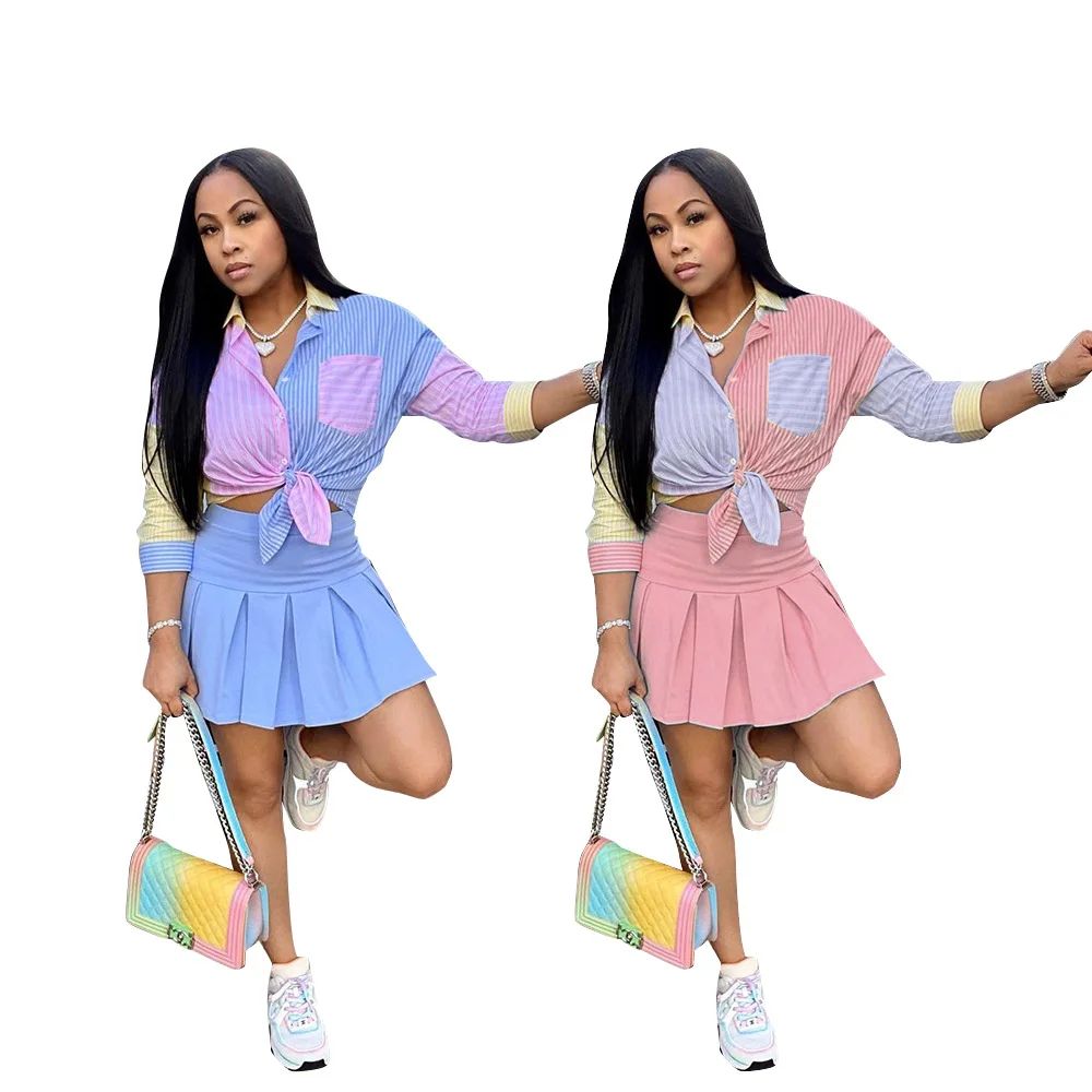

E-L9097 New Arrivals Summer 2021 Dress Women Skirts and Blouse 2 Set Mini Cute Girl's Shirt Dress, Titching color