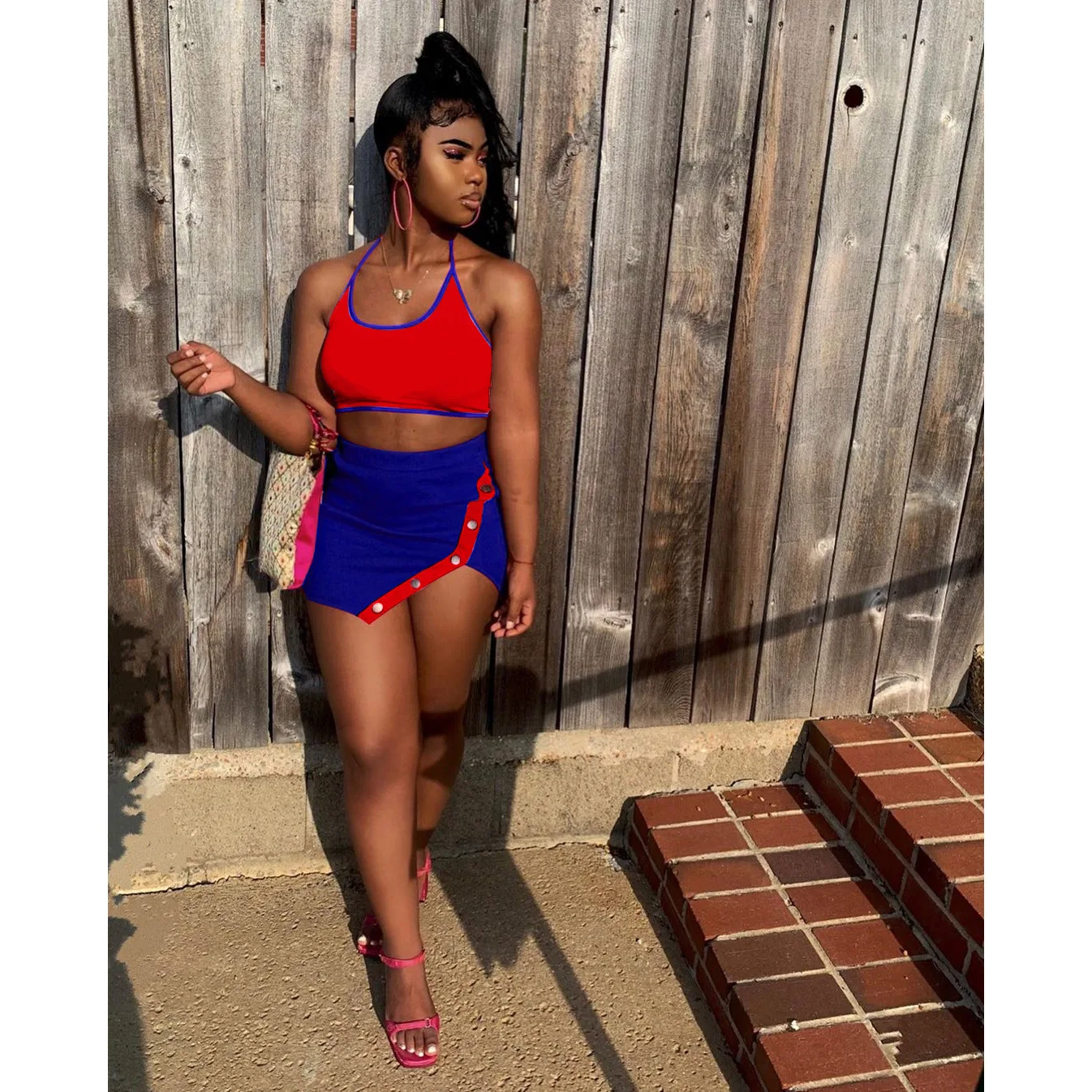 

Summer dress 2021 Fashionable Halter Summer Two Piece Set Women Clothing 2 Piece Skirt Set, Picture shows