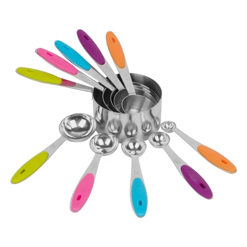 

10 Pieces Silicone Handle Measuring Cup Spoon Set Stainless Steel Measuring Cups And Spoons, As photo