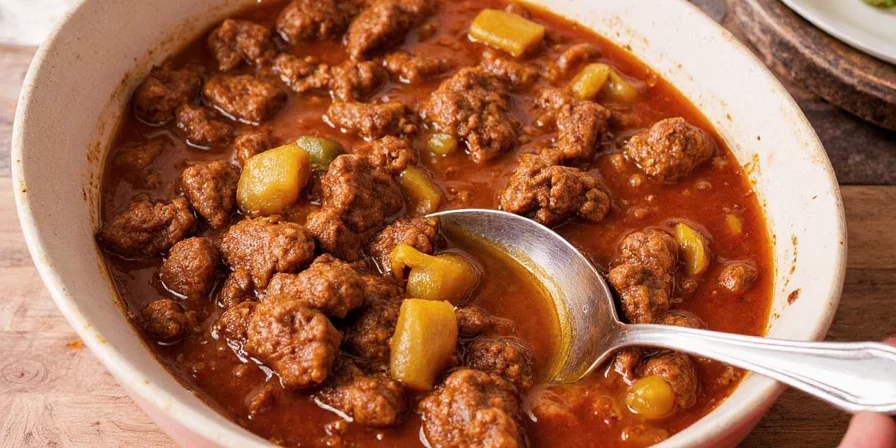 Final beef stew served with fresh herbs and bread