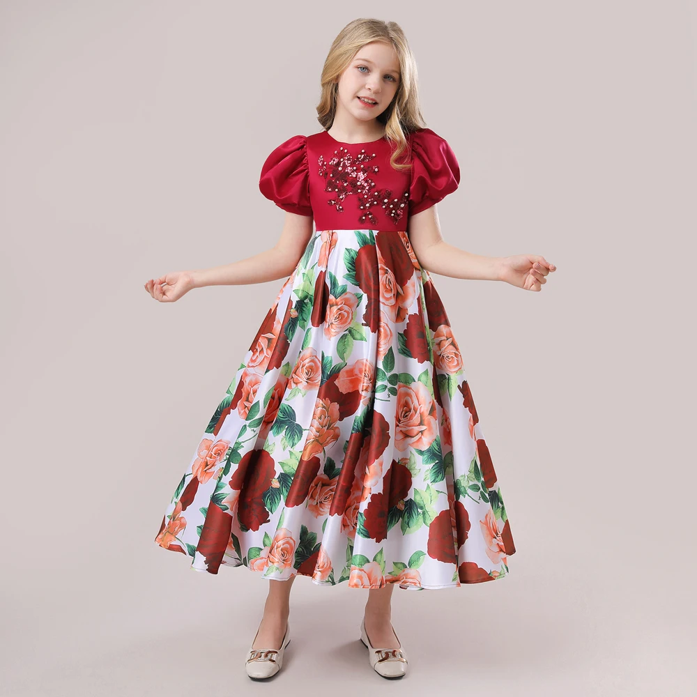 

MQATZ 2023 summer Children print dress with floral 10 year big kids red short sleeve party frock LP-319