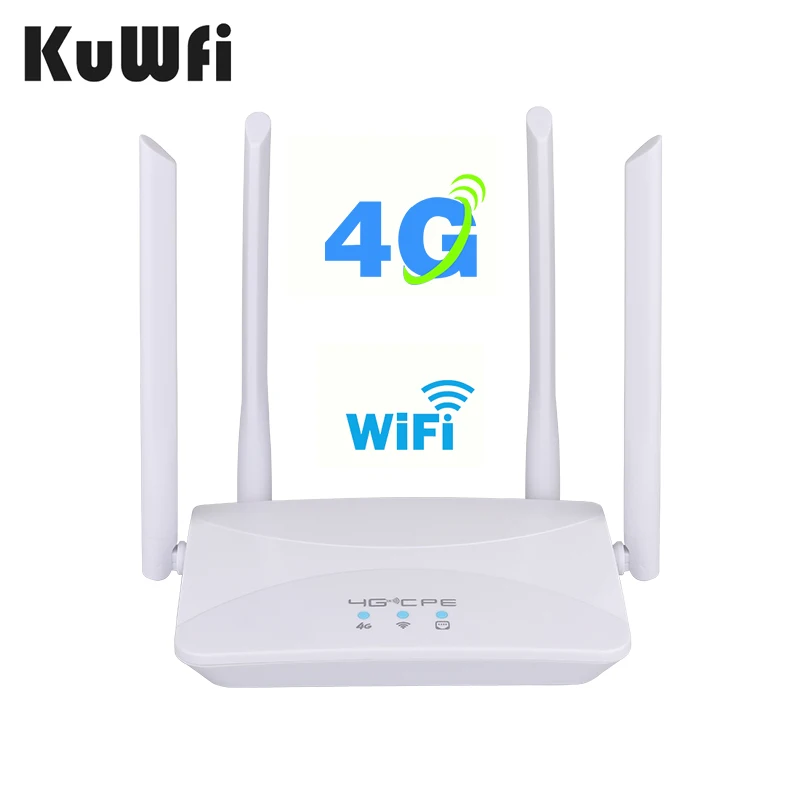 

2023 new design KuWFi 150Mbps cat4 RJ45 WAN LAN 4pcs high gain antennas 4g router with sim card PA+LAN 4g wifi router for home