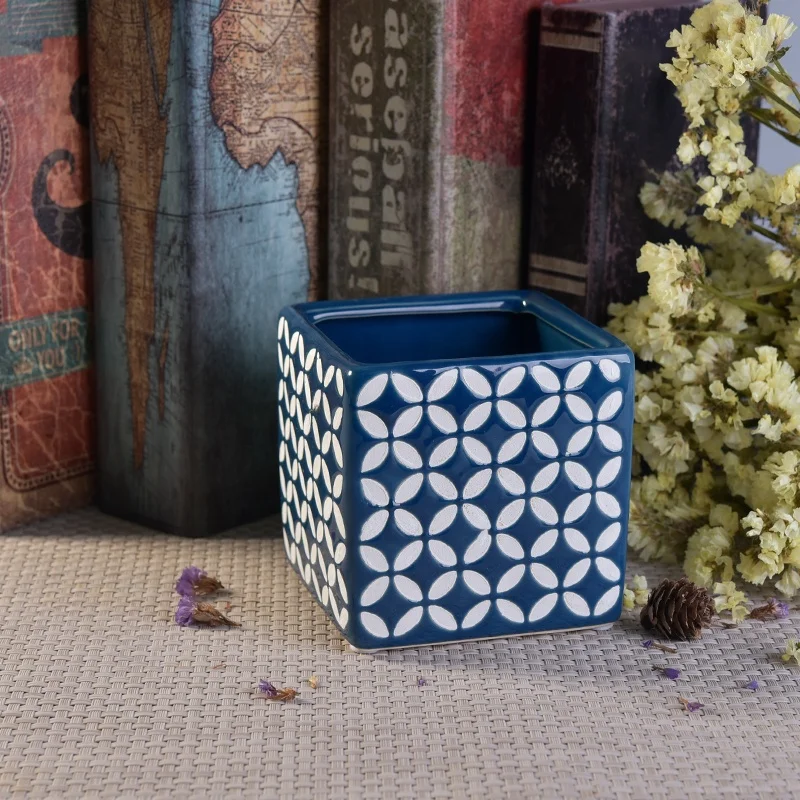 Square blue hand printing ceramic tealight candle container porcelain candle holders home decorative use