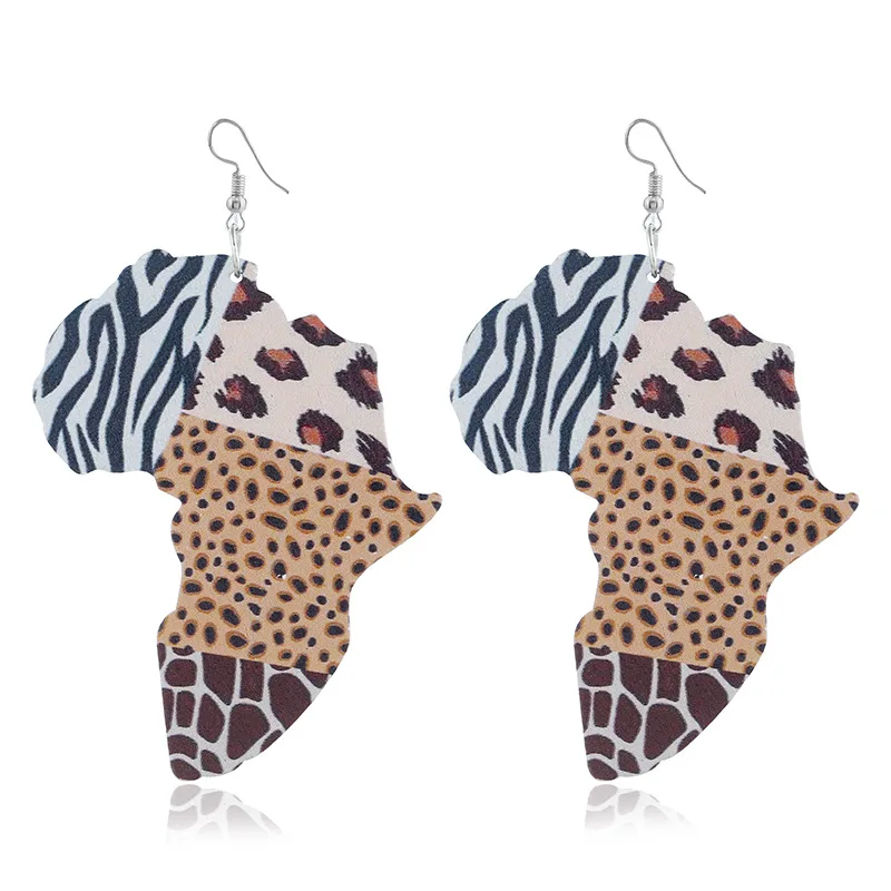 

Fashion Statement Exaggerated Trendy Wooden African Map Hook Earrings Leopard Pattern African Map Earings, Picture