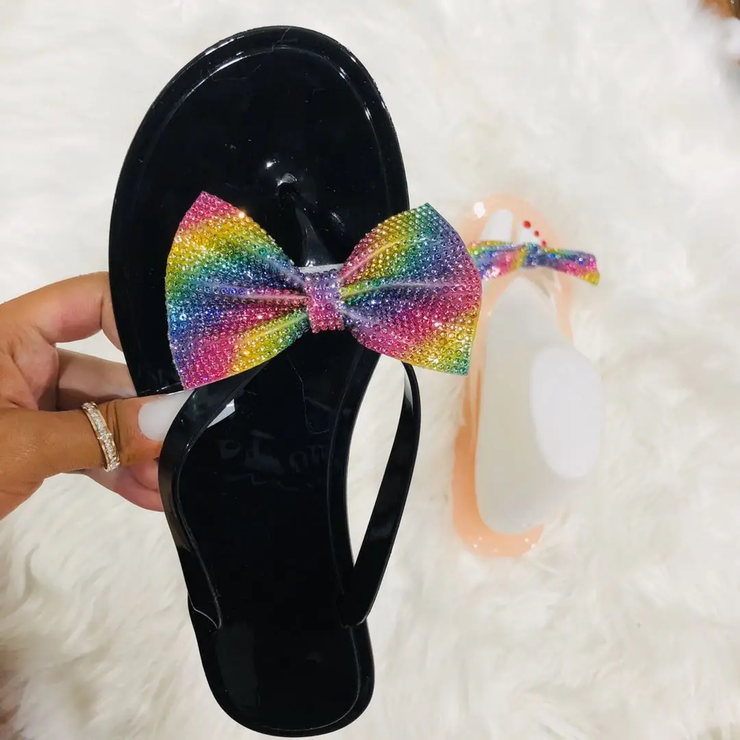 

Women sandals 2020 new arrivals Flat Rhinestones Beach Flip Flops Bow rhinestone slippers for women, Transparent, pink, black, khaki