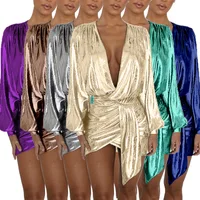 

Sexy Long Sleeve Mini Dresses New Women Deep V Neck Ruched Night Out Clubwear Metallic Wrap Dress Asymmetrical Club Y11099