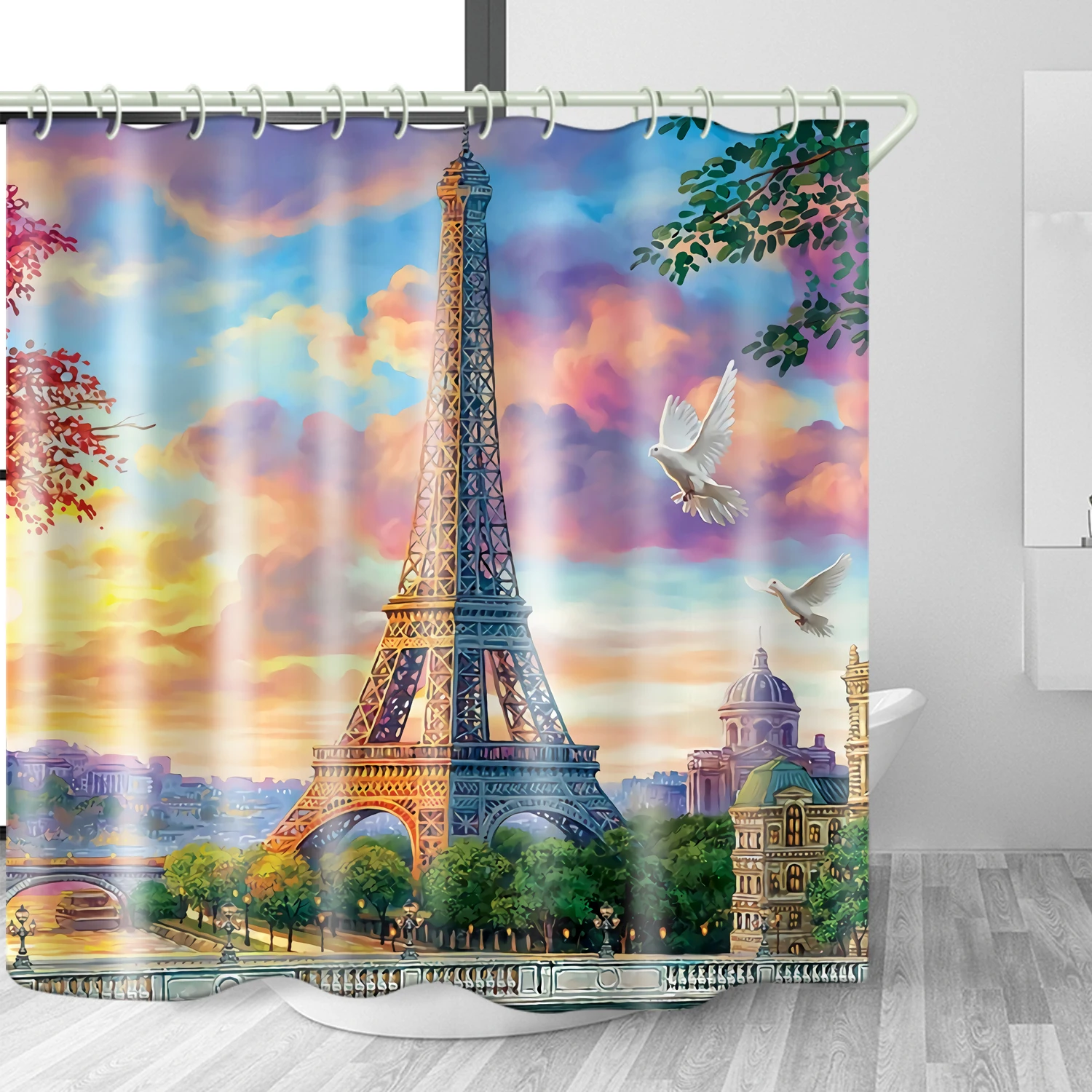 

White Cloud Sunset Eiffel Tower Theme Decoration Bathroom Shower Curtain Durable Anti-peep Polyester Printed Curtain, Picture