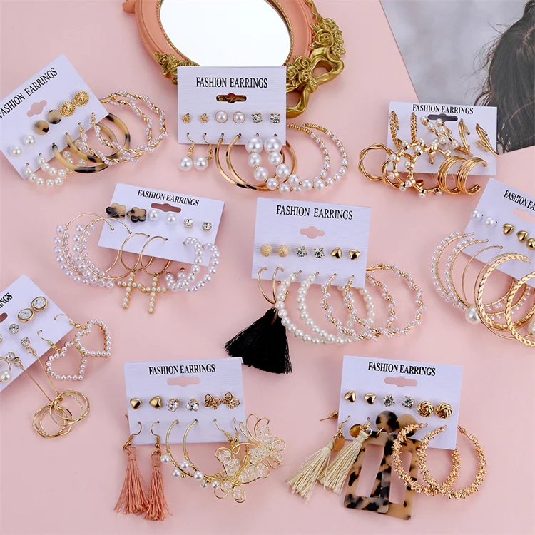 VKME Women Fashion Pearl Crystal Jewelry Tassel Drop Earrings Hoop Earrings Set Mixed Designs Leopard Earrings Jewelry 2022