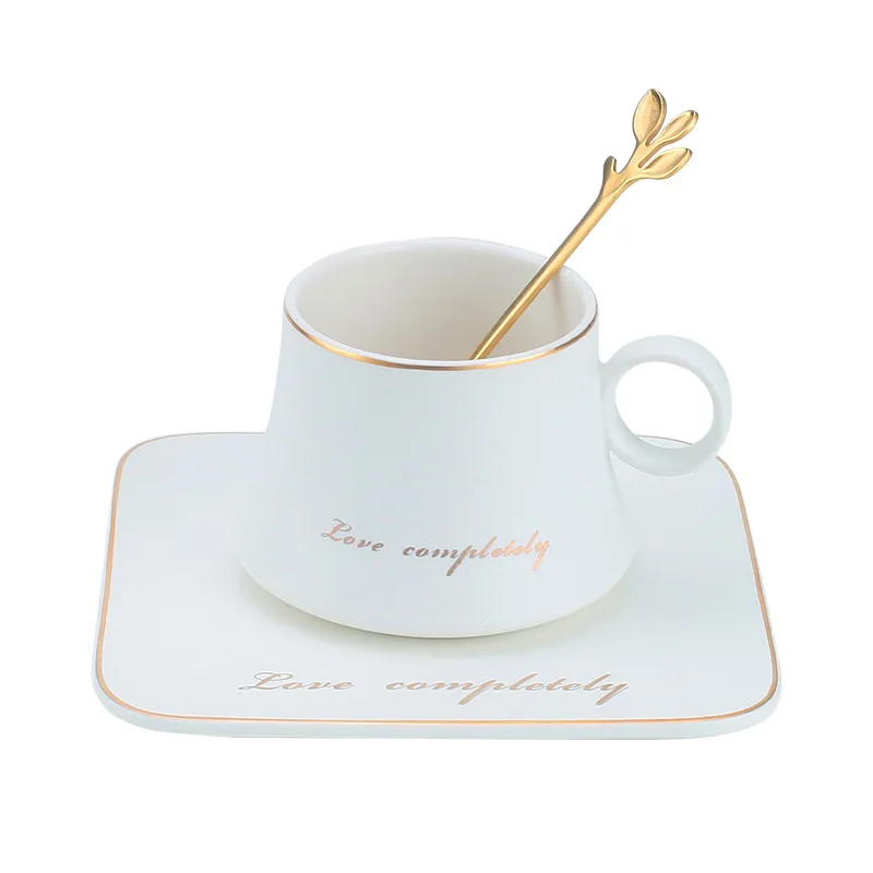 

The Latest Design Round Handle Gold Rim Ceramic Latte Coffee Cup with Square Saucer, White, black, pink, gray