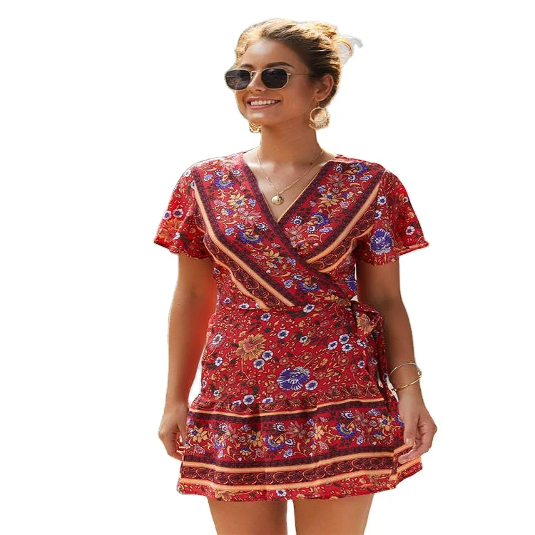 

Summer Bohemian Women Dress Floral Print Beach Midi Dress Sexy For Vacation Short Sleeve Loose Party Dresses