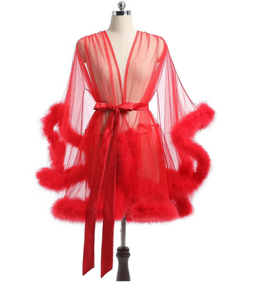 

sfy1497 wholesale new style transparent mesh longue robe four color fur trim luxury lady short red sexy lingerie for ladies