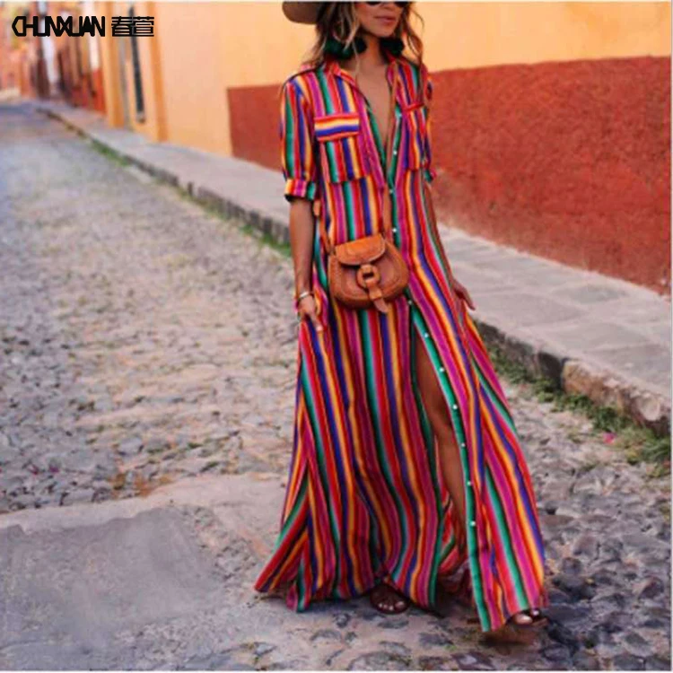 

New Design Women Summer Chromatic Stripe Boho Dresses Short Sleeve Color Block Casual Woman Bohemian Maxi Dress, Wine red, purple, black, blue ,can be customized