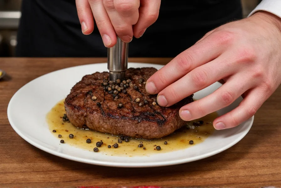 Chef's hands grinding fresh black peppercorns over a finished steak dish