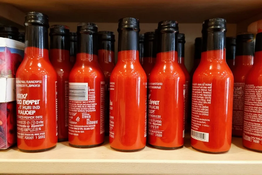 Various red pepper sauce bottles arranged on kitchen shelf with proper storage labels and dates