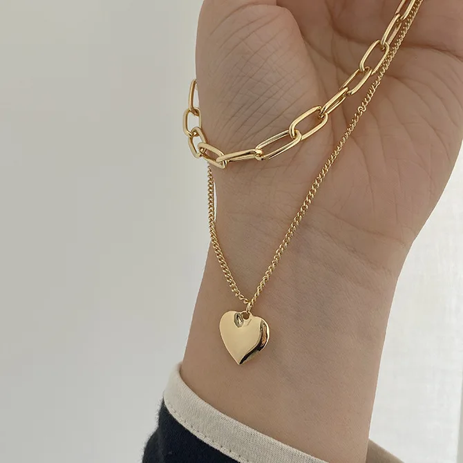 

Waterproof 18K Gold Plated Double Layered Heart Necklace Stainless Steel Link Chain Heart Pendant Necklace for Women, As pic show