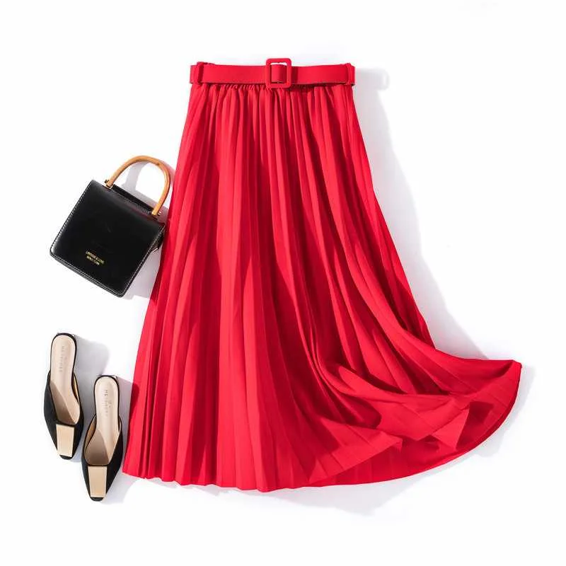 

Autumn And Summer Women Pleated Skirt Casual Skirt Vintage Elegant Midi Skirt With Belt, As pictures